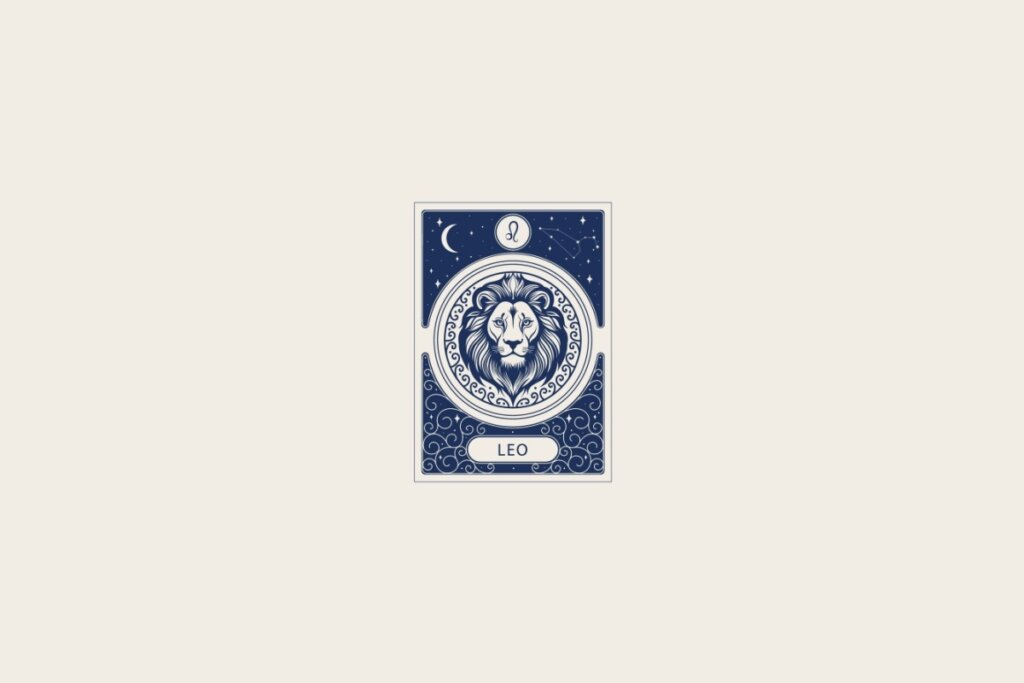 Ilustração do signo de Leão em azul dentro de uma carta e com fundo bege-claro