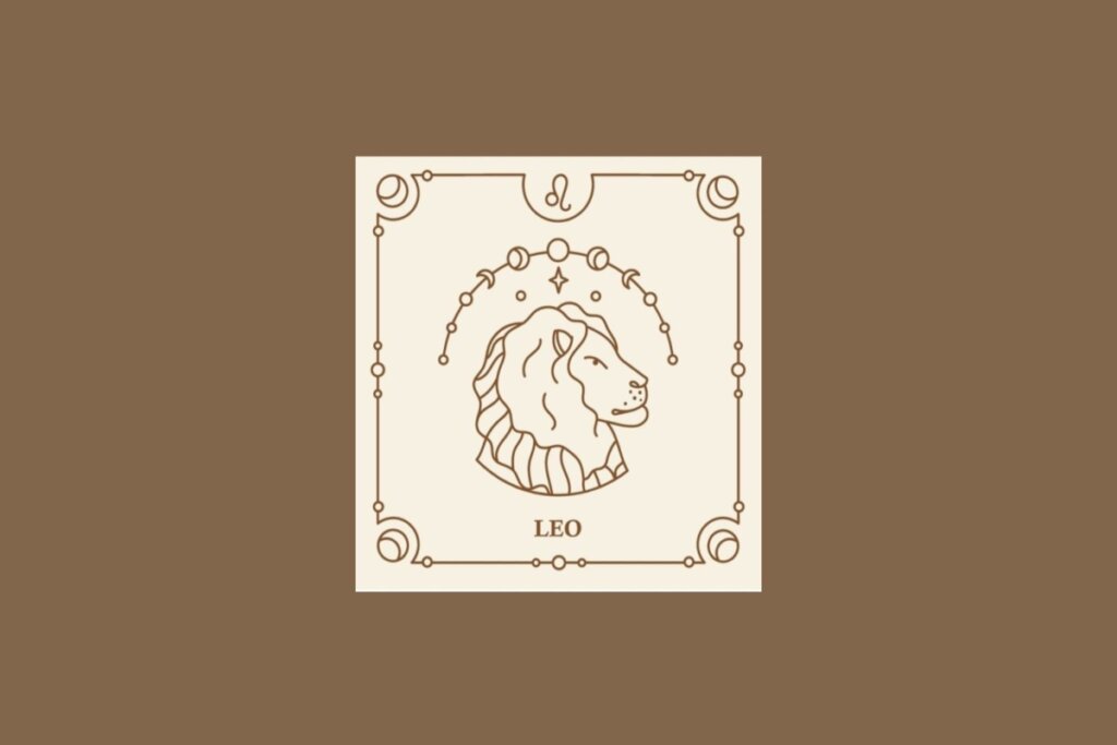 Ilustração do signo de leão em um quadrado bege, com detalhes marrons ao redor, sobre um fundo marrom