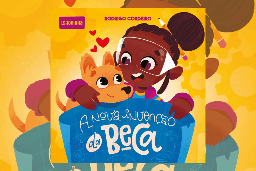 Capa de livro amarela com título e nome do autor em rosa e bege, com ilustração de uma menina com o cabelo preso em coque, usando óculos de proteção e blusa rosa e azul, abraçada com cachorro laranja segurando um papel em azul onde está escrito o título do livro