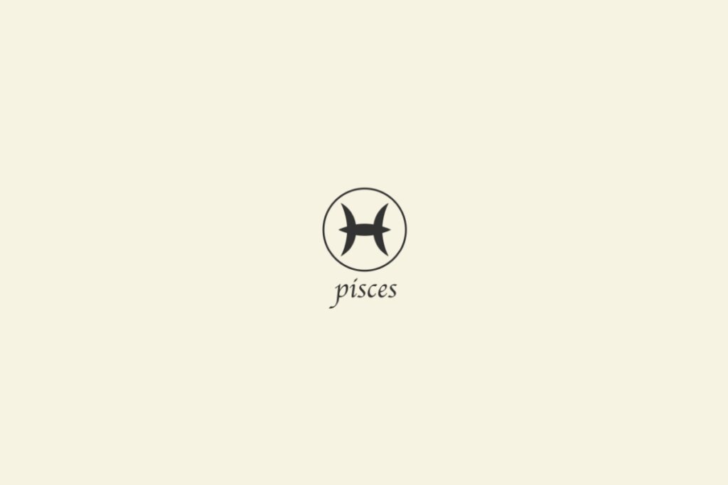 Ilustração do signo de peixes na cor preta, com um círculo em volta e o nome abaixo, sobre um fundo cinza-claro