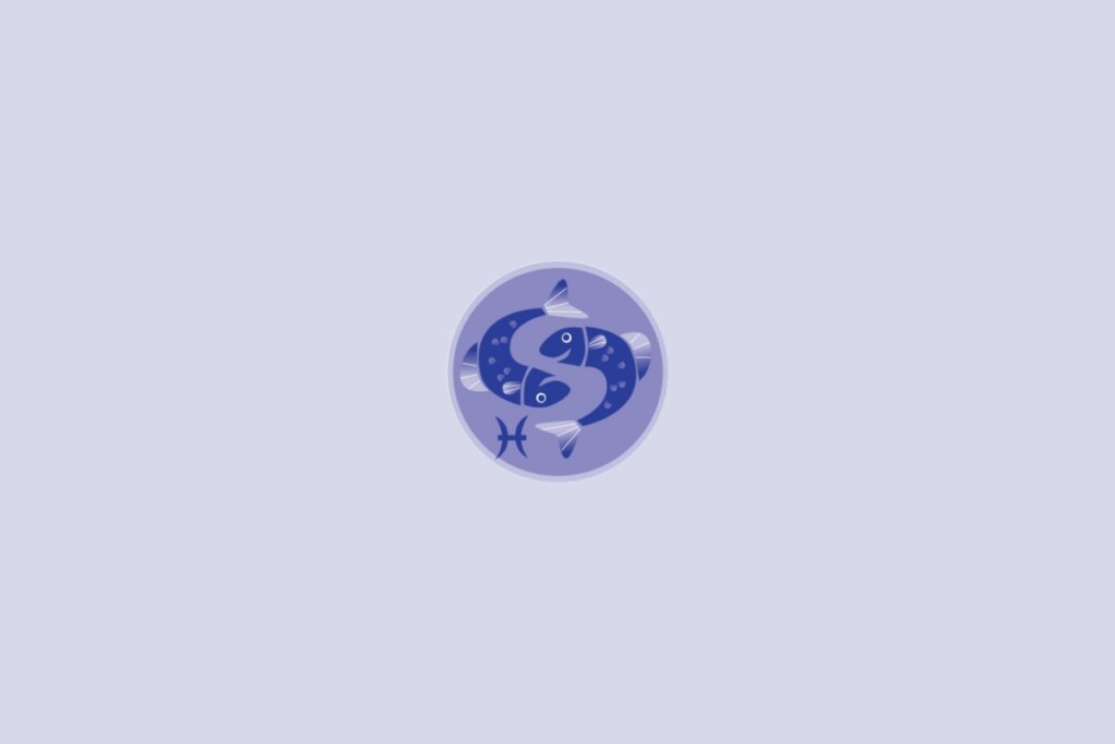Imagem com ilustração do signo de Peixes, representado por dois peixes estilizados em tons de azul dentro de um círculo sobre fundo claro