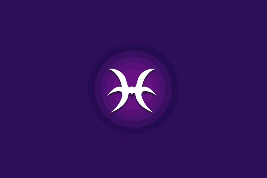 Um símbolo do signo de Peixes em branco aparece no centro de um fundo roxo, com um efeito circular em tons mais claros ao redor