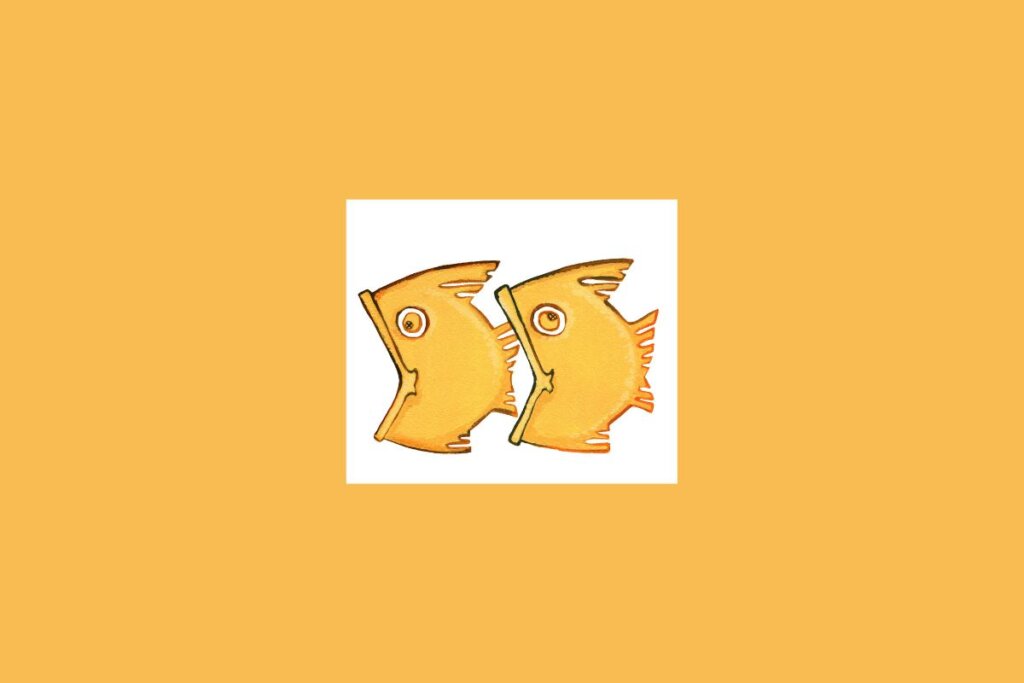 Uma ilustração simples de dois peixes, representando o signo de Peixes, sobre um fundo claro cercado por um tom alaranjado