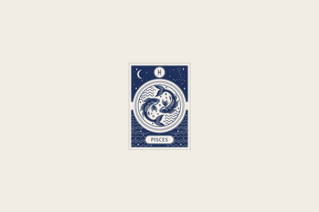 Ilustração do signo de Peixes em azul dentro de uma carta e com fundo bege-claro