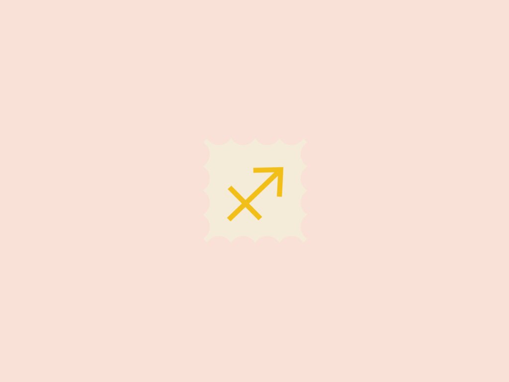 Ilustração do signo de sagitário, dentro de um quadrado bege, em um fundo rosa-claro