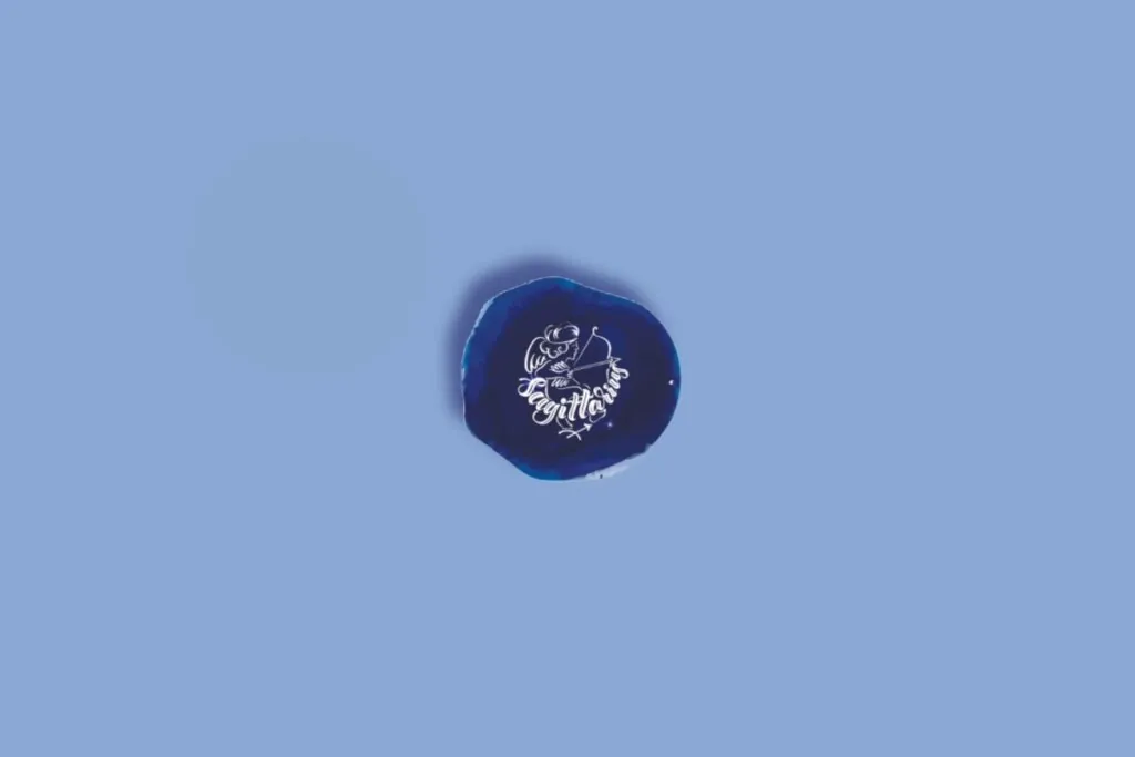 Ilustração do signo de sagitário em um círculo com fundo azul e branco com estrelas