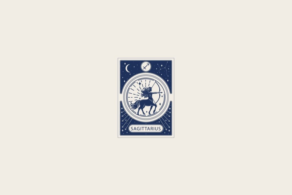 Ilustração do signo de Sagitário em azul dentro de uma carta e com fundo bege-claro