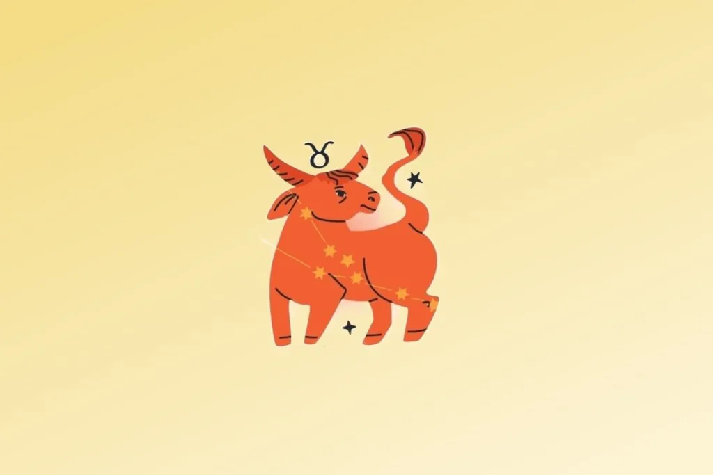 Ilustração do signo de Touro contendo um touro com chifres, cauda levantada e símbolos de estrelas em fundo amarelo