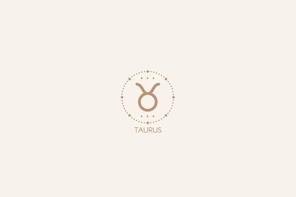 Símbolo do signo de Touro em tom bege, dentro de um círculo decorativo, com o nome escrito abaixo sobre fundo claro