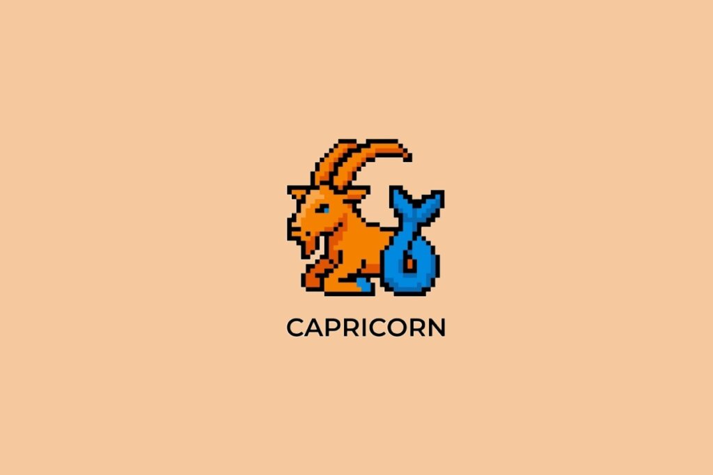 Ilustração do signo de Capricórnio, em fundo alaranjado, contendo uma cabra com cauda de peixe em estilo pixel art com chifres