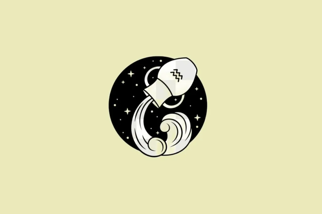 Ilustração do signo de Aquário em preto sobre um fundo amarelo