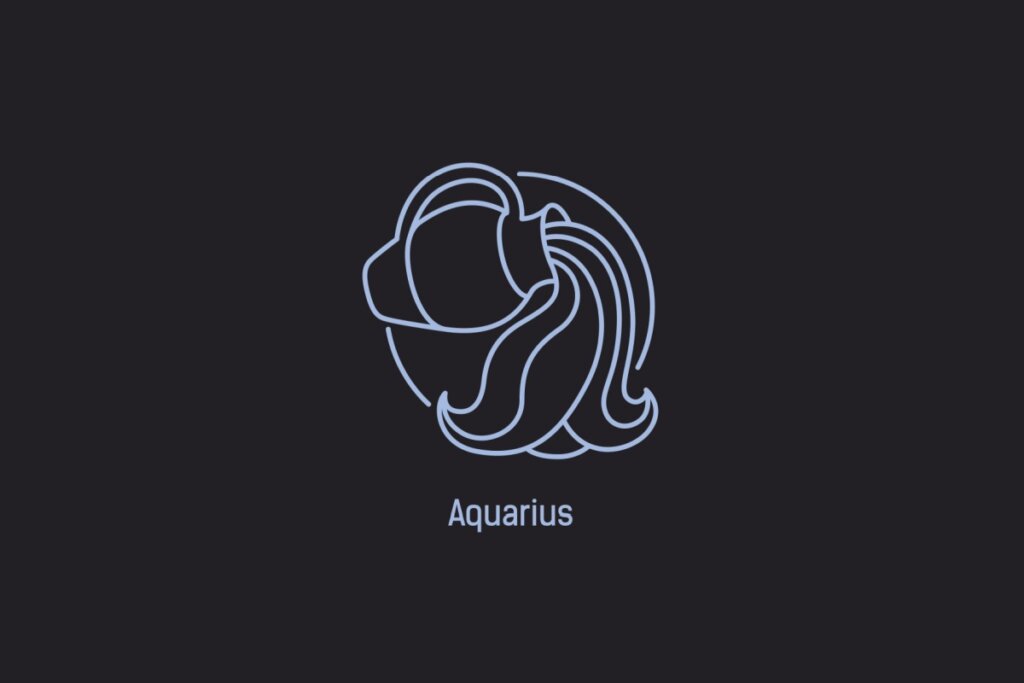 Ilustração do signo de Aquário contendo um jarro derramando ondas, em um fundo azul-escuro