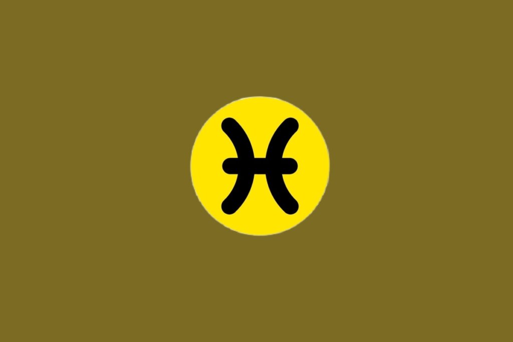Ilustração do signo de Peixes, contendo duas curvas pretas opostas ligadas por um traço horizontal, em círculo amarelo