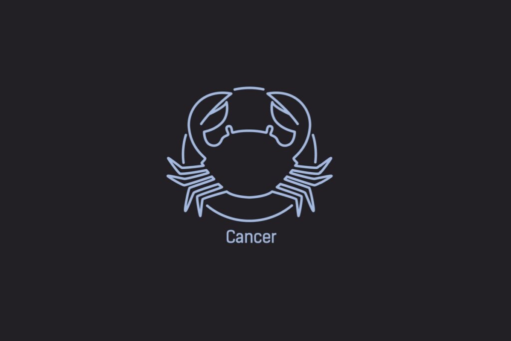 Ilustração do signo de Câncer contendo um caranguejo com pinças abertas, em um fundo azul-escuro