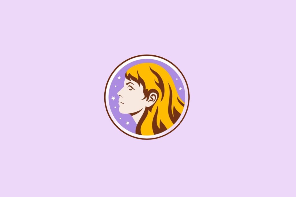 Ilustração do signo de Virgem, mostrando o perfil de uma figura feminina com cabelos longos em fundo lilás