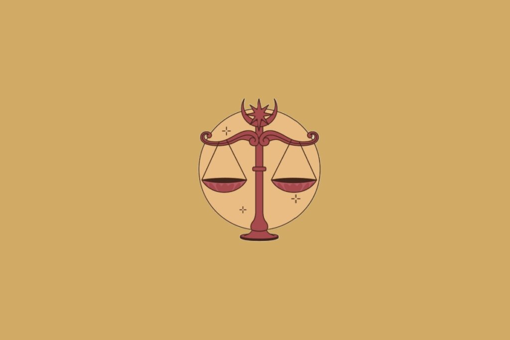 Ilustração do signo de Libra contendo uma balança equilibrada em fundo mostarda
