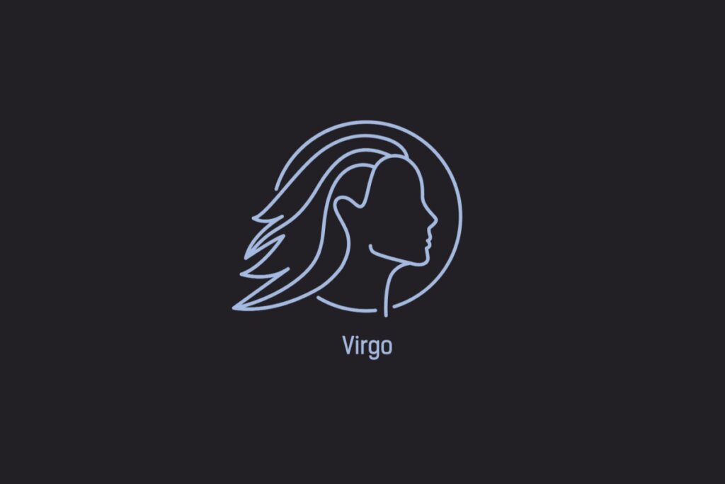 Ilustração do signo de Virgem contendo o perfil de um rosto feminino com cabelos soltos, em um fundo azul-escuro