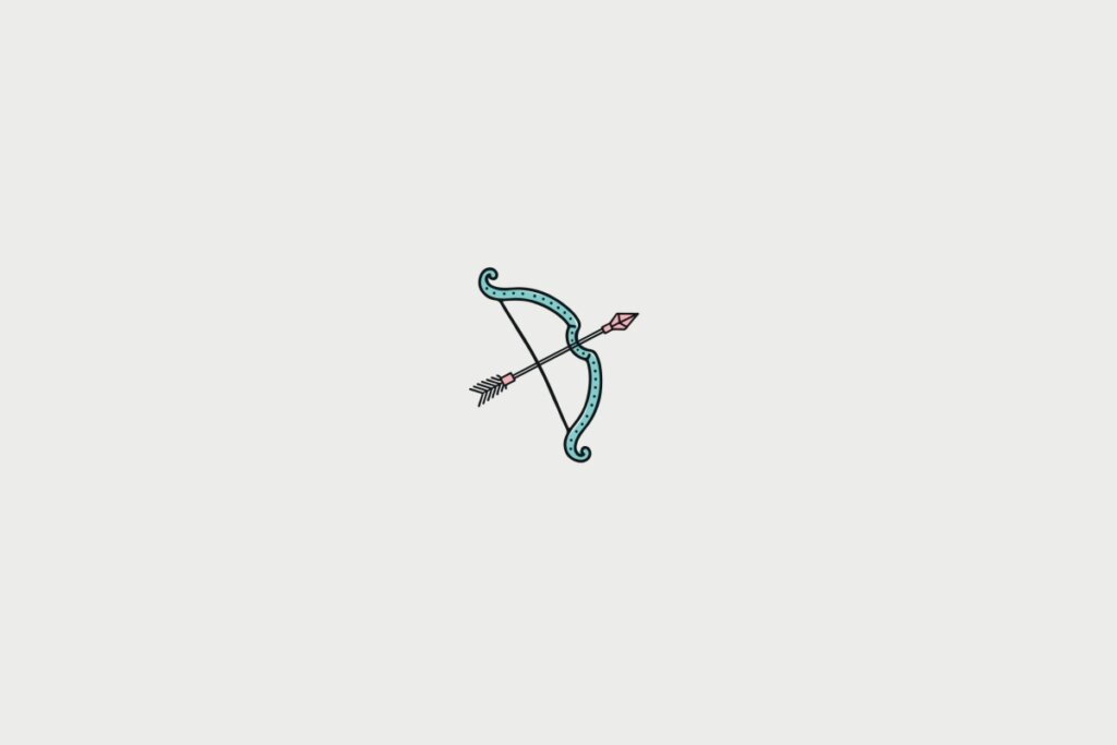 Ilustração de um arco azul-piscina com detalhes em pontos pretos, atravessado por uma flecha com ponta rosa e penas pretas, representando o signo de Sagitário. O desenho está centralizado sobre um fundo cinza-claro.