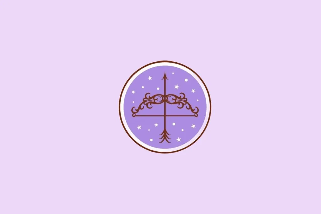 Ilustração do signo de Sagitário, mostrando um arco com flecha apontada para cima em fundo lilás