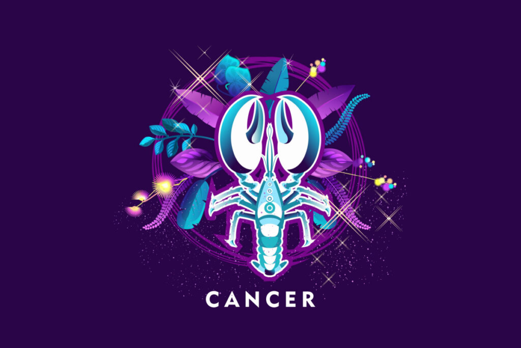 Símbolo do signo de Câncer em tons de azul e roxo em fundo roxo 