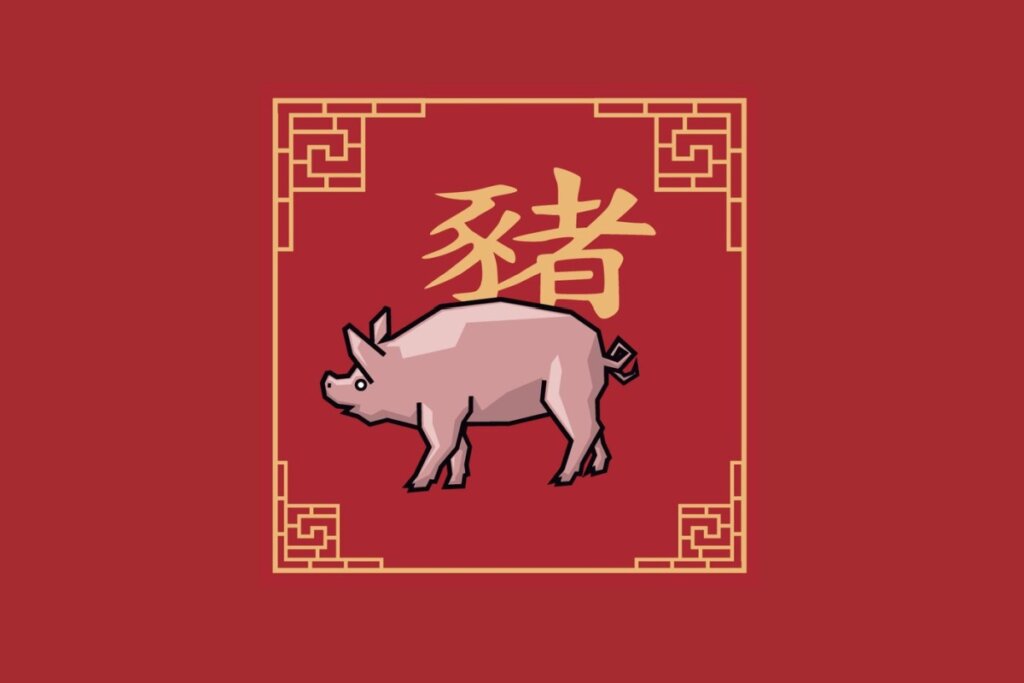 Ilustração em estilo plano do signo chinês do Porco sobre fundo vermelho. Um porco rosa é desenhado de perfil dentro de uma moldura quadrada dourada com detalhes gregos nos cantos. Ao fundo, destaca-se o caractere chinês do signo em dourado.