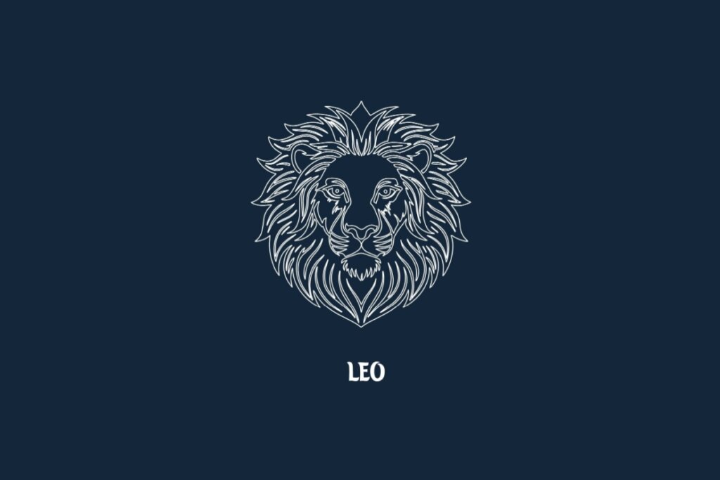 Ilustração em linhas brancas sobre fundo azul-escuro representando o signo de Leão. O desenho mostra o rosto frontal de um leão com uma juba volumosa e olhar expressivo. Logo abaixo, está escrita a palavra "LEO" em fonte estilizada branca.
