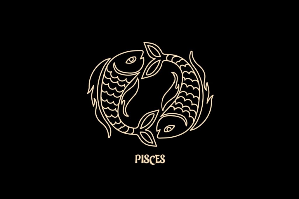 Ilustração em estilo de arte de linha bege sobre um fundo preto, representando o signo astrológico de Peixes. A imagem retrata dois peixes estilizados com escamas detalhadas, posicionados de forma circular e nadando em direções opostas. Abaixo do desenho, está escrita a palavra "PISCES" em uma fonte estilizada.