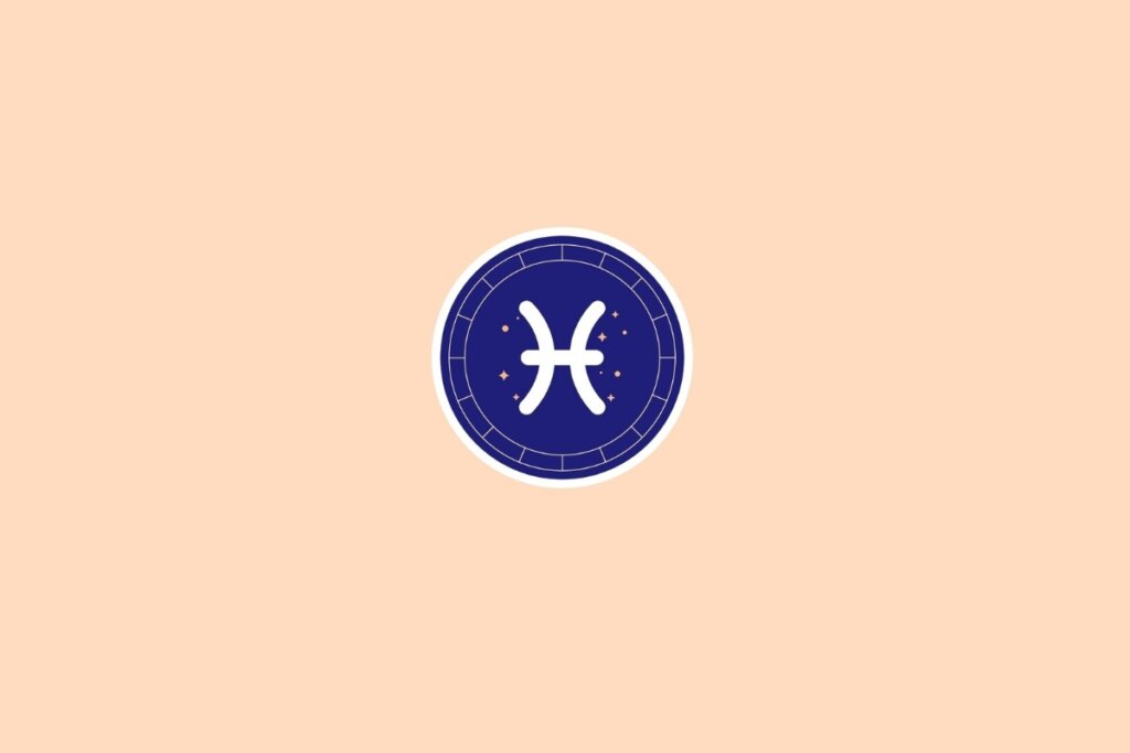 Ilustração do signo de peixes em branco em um círculo azul em cima de um fundo bege