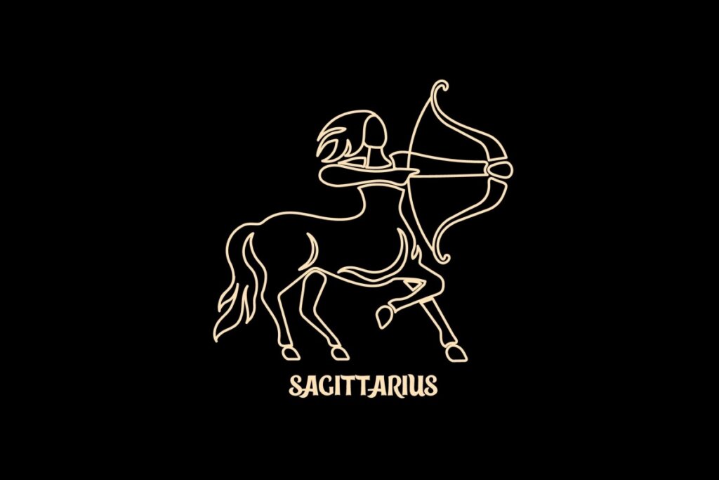 Ilustração em estilo de arte de linha bege sobre um fundo preto, representando o signo astrológico de Sagitário. A imagem retrata um centauro (metade homem, metade cavalo) empinando, segurando e tensionando um arco e flecha apontado para a frente. Abaixo do desenho, está escrita a palavra "SAGITTARIUS" em uma fonte estilizada.
