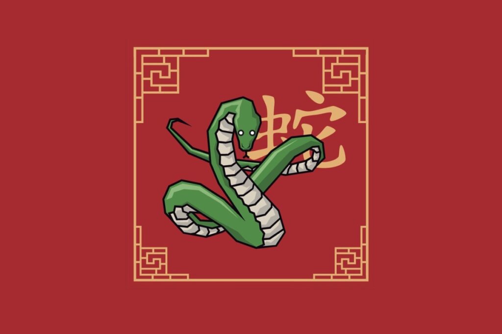 Ilustração em estilo plano do signo chinês da Serpente sobre fundo vermelho. Uma serpente verde, com a cabeça erguida e o corpo em "S", é desenhada de frente dentro de uma moldura quadrada dourada com detalhes gregos nos cantos. Ao fundo, destaca-se o caractere chinês do signo em dourado.