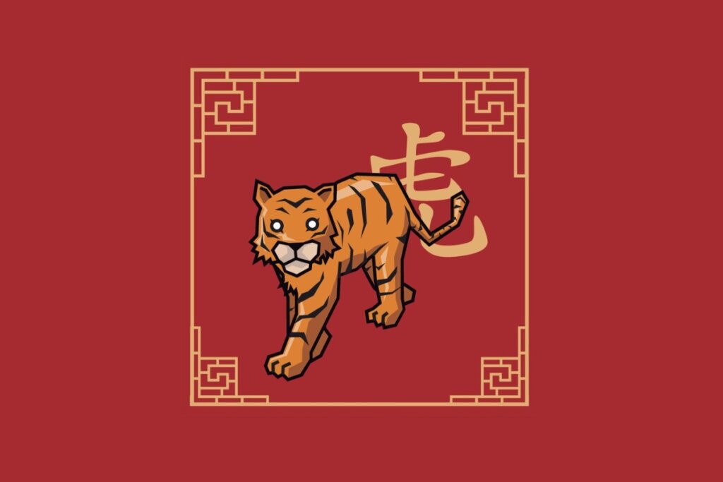 Ilustração em estilo plano do signo chinês do Tigre sobre fundo vermelho. Um tigre laranja e preto é desenhado caminhando de frente, com os olhos brancos, dentro de uma moldura quadrada dourada com detalhes gregos nos cantos. Ao fundo, destaca-se o caractere chinês do signo em dourado.