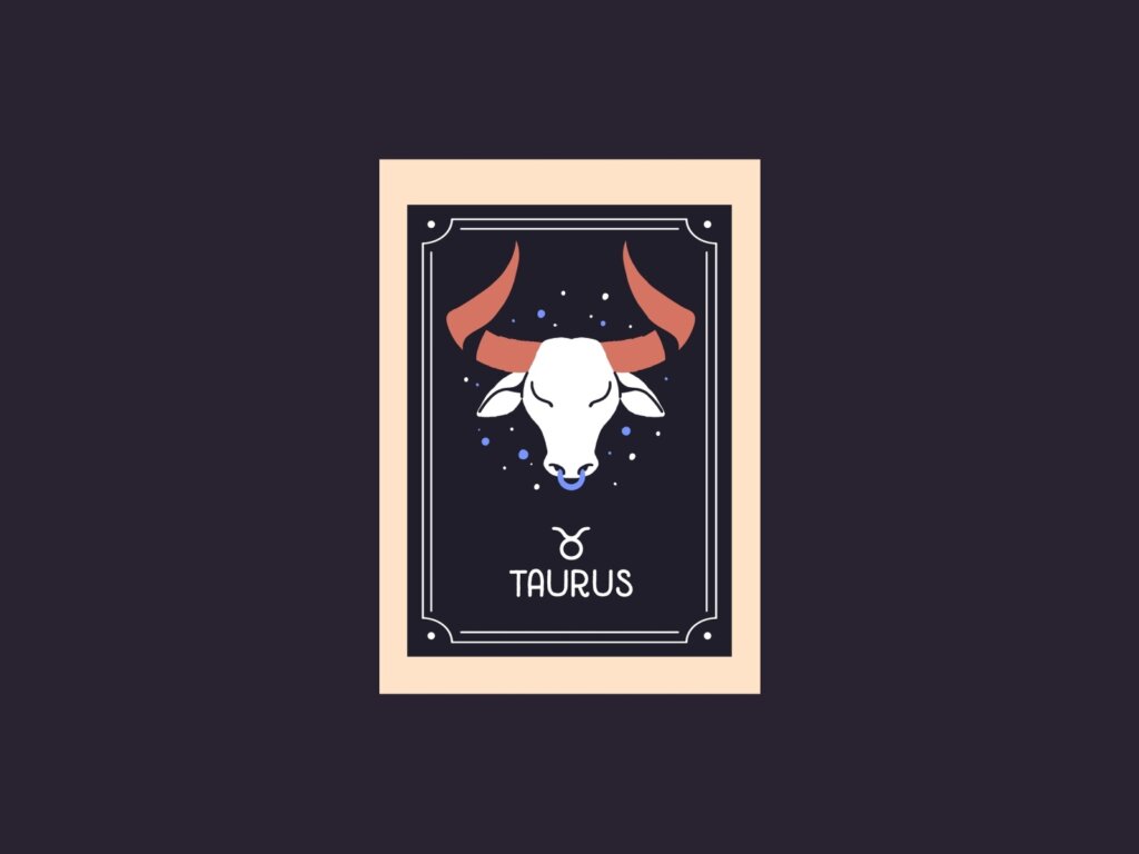 Ilustração do signo de Touro com a cabeça de um touro branco, chifres terracota e um anel azul no nariz. Inclui o símbolo de Touro e a palavra "TAURUS".