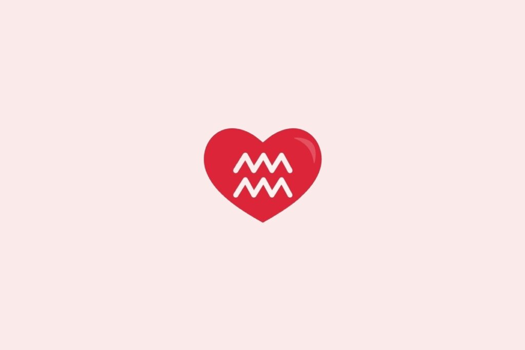 Ilustração do signo de aquário em um coração vermelho sobre um fundo rosa-claro