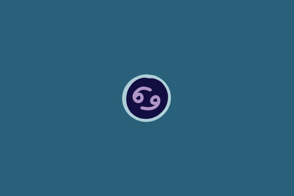 Ilustração do signo de Câncer, na cor roxa, em um círculo azul-escuro com borda azul-claro, sobre um fundo verde