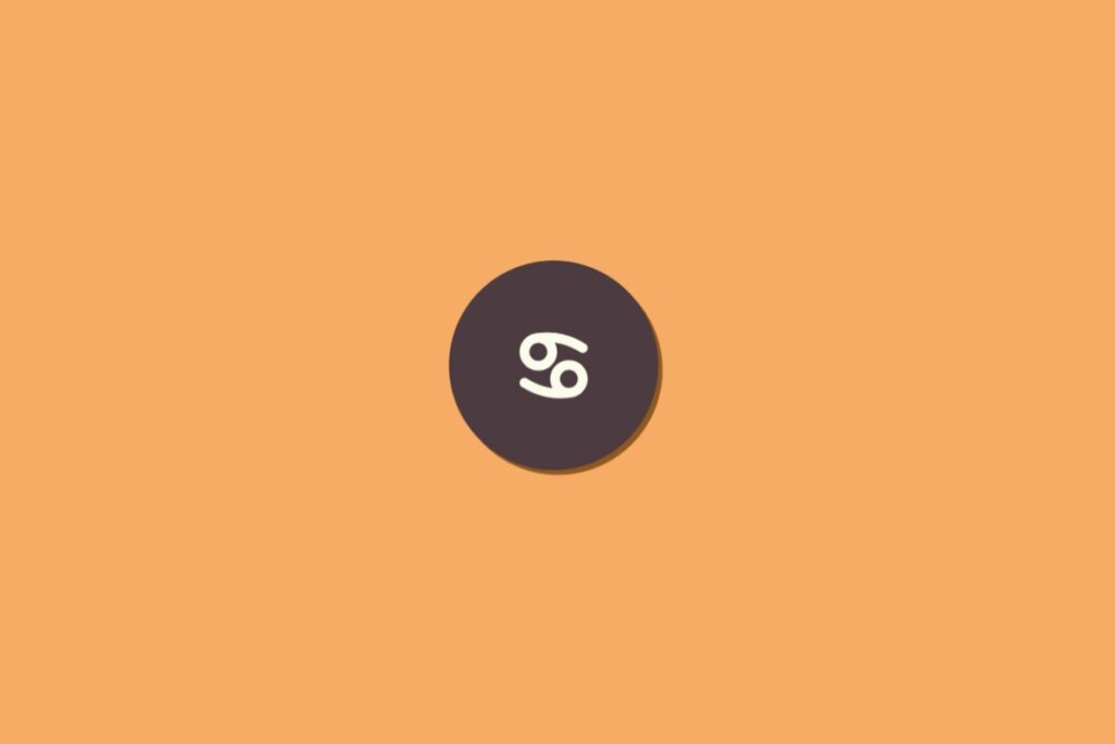 Ilustração do signo de câncer na cor branca, dentro de um círculo marrom, centralizado sobre um fundo laranja