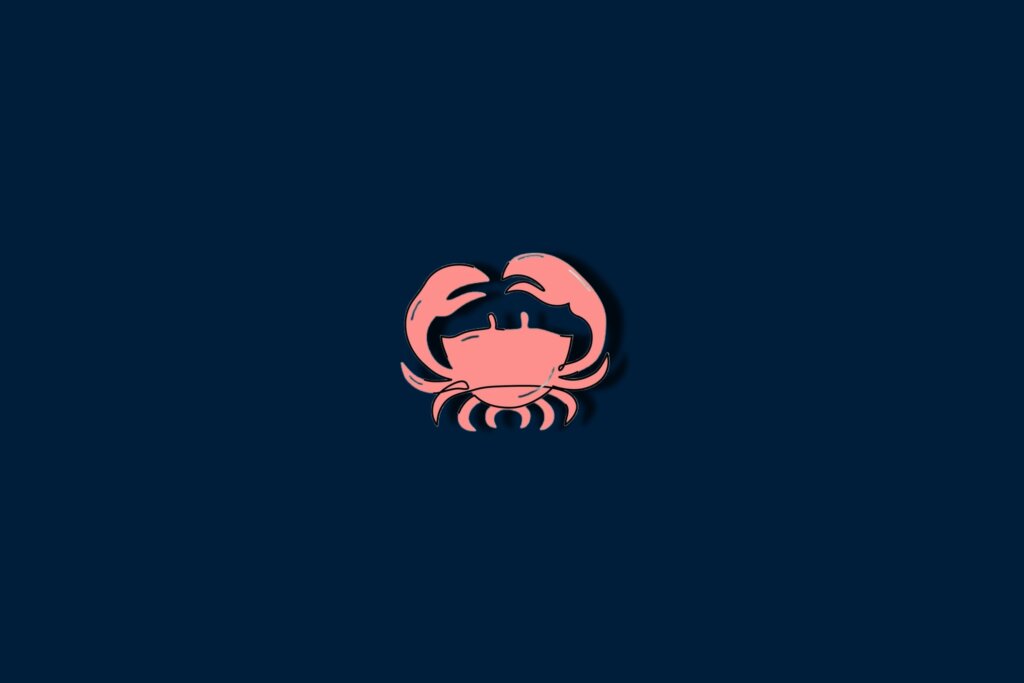 Ilustração de um caranguejo rosa em um fundo azul-escuro
