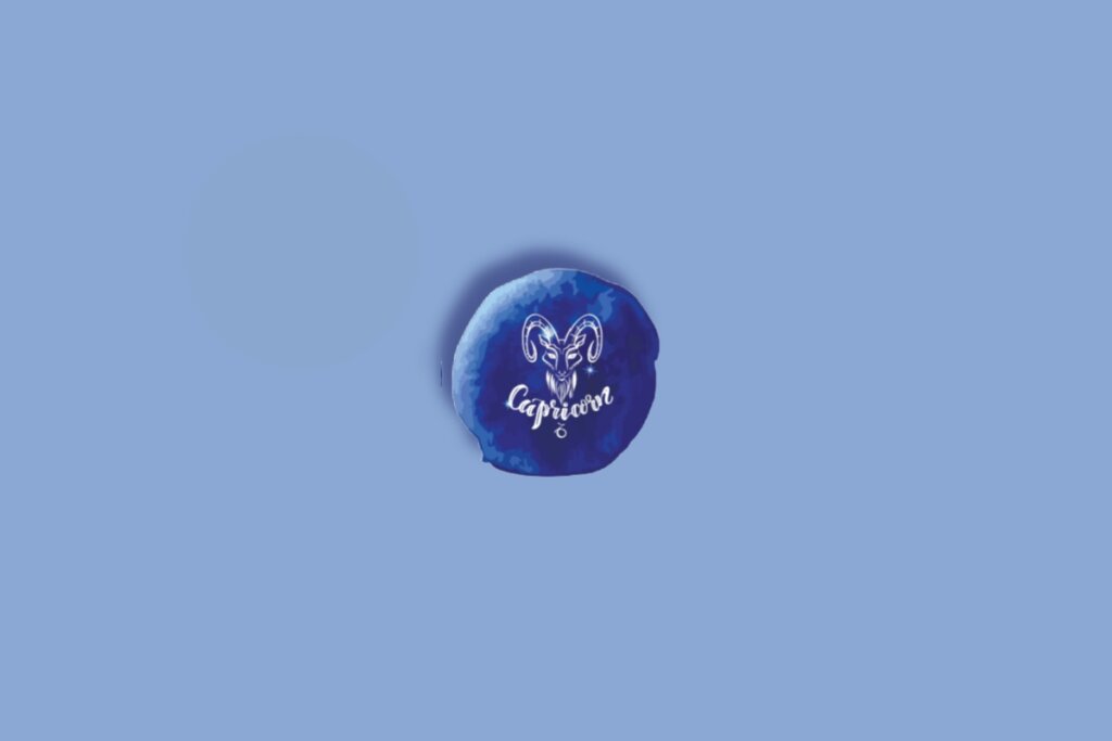 Ilustração do signo de capricórnio em um círculo com fundo azul e branco com estrelas