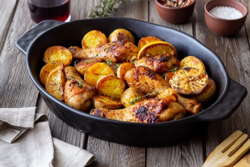 Frango assado com batatas servido em forma preta em cima de mesa de madeira