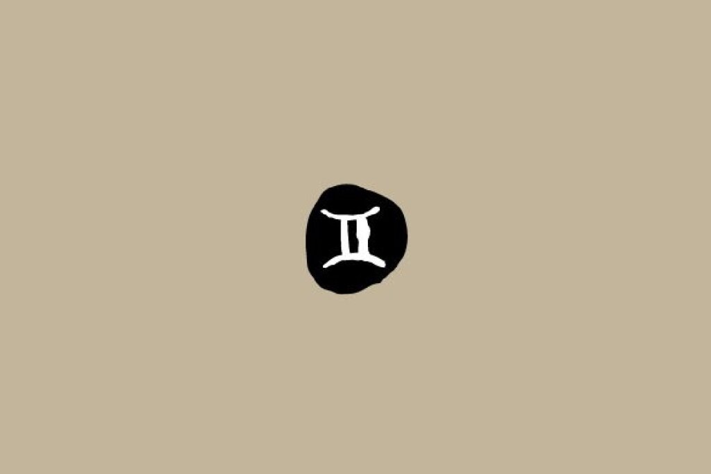 Símbolo do signo de Gêmeos em branco dentro de um círculo preto sobre um fundo bege