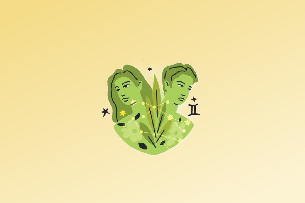 Ilustração do signo de Gêmeos contendo duas figuras humanas lado a lado em fundo amarelo