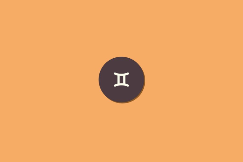 Ilustração do signo de gêmeos na cor branca, dentro de um círculo marrom, centralizado sobre um fundo laranja