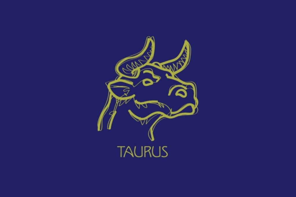 ilustração amarela da cabeça de um touro e nome "taurus" embaixo sobre fundo azul