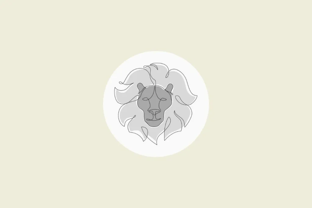 Ilustração do signo de leão em preto e branco, dentro de um círculo, sobre um fundo bege-claro