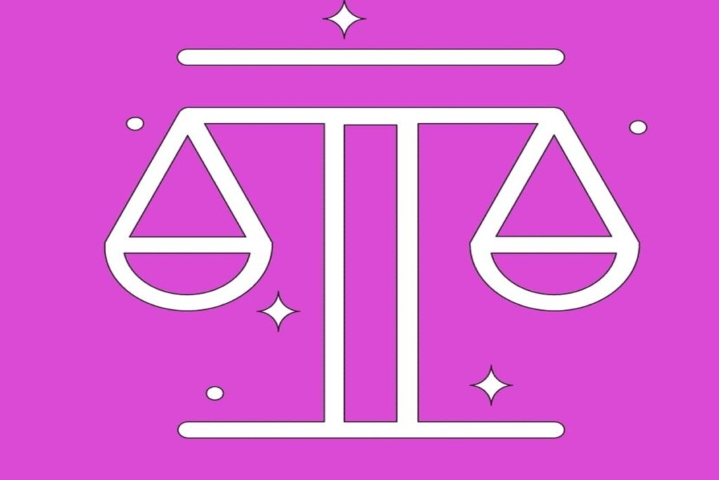 Uma balança com dois pratos equilibrados, desenhada de forma geométrica e simétrica, sendo branco em fundo rosa