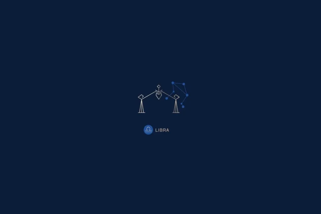 Ilustração de uma balança, com o nome e a constelação do signo de libra, em um fundo azul-escuro