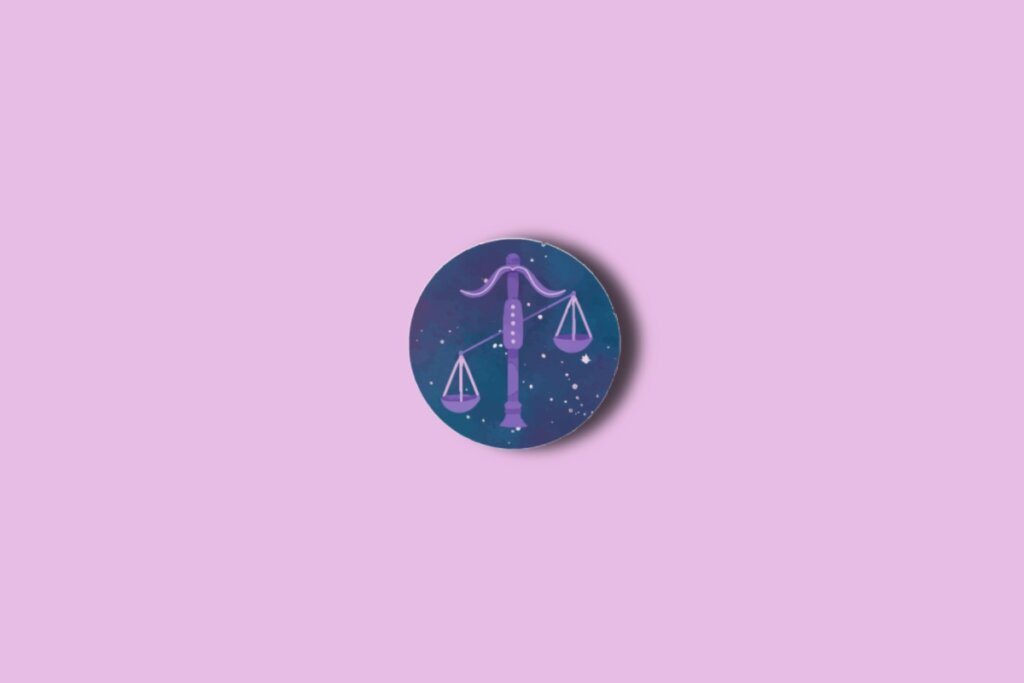Ilustração do signo de libra em um círculo azul com estrelas e sobre um fundo rosa