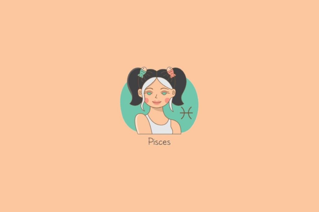 Ilustração de uma mulher ao lado do símbolo do signo de peixes