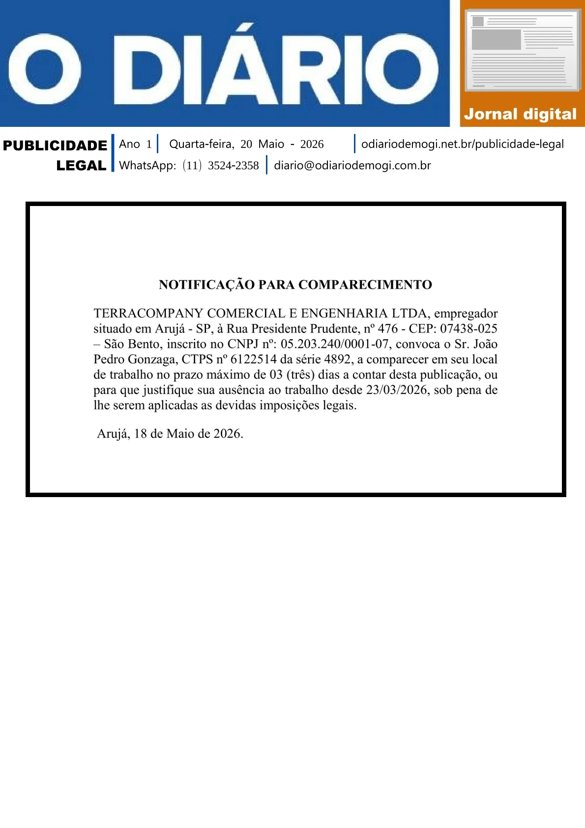 Quarta-Feira, 20 de Maio 2026