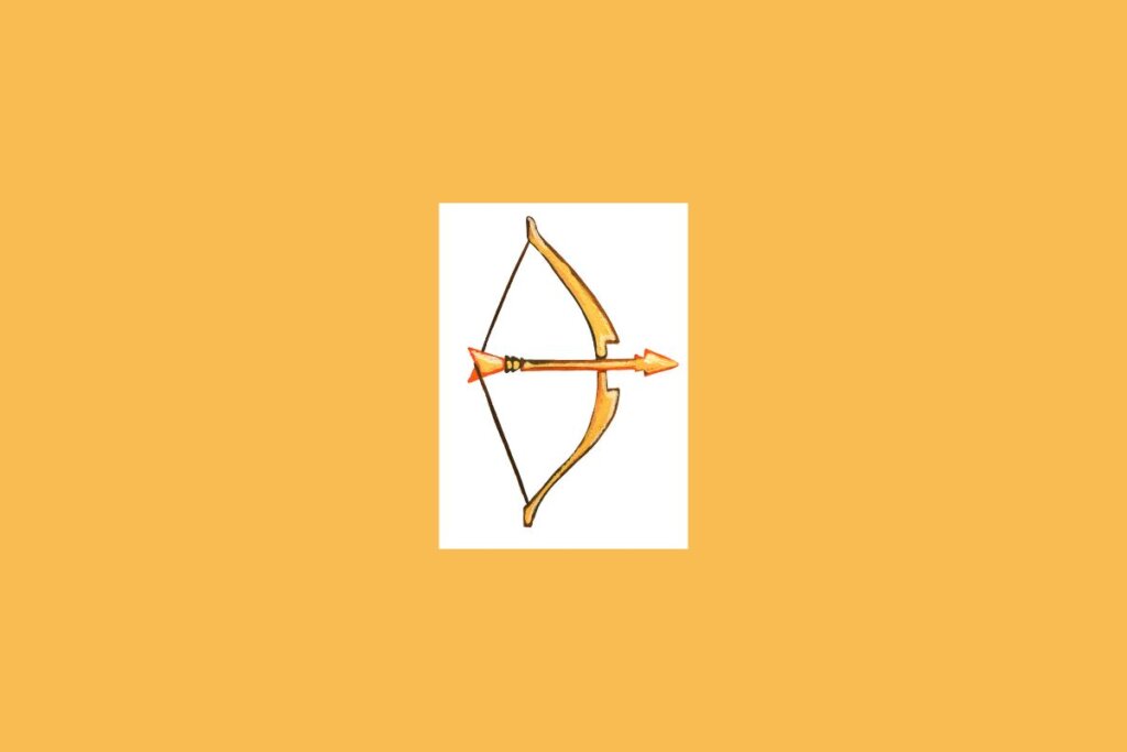 Uma ilustração simples de um arqueiro ou flecha, representando o signo de Sagitário, sobre um fundo claro cercado por um tom alaranjado