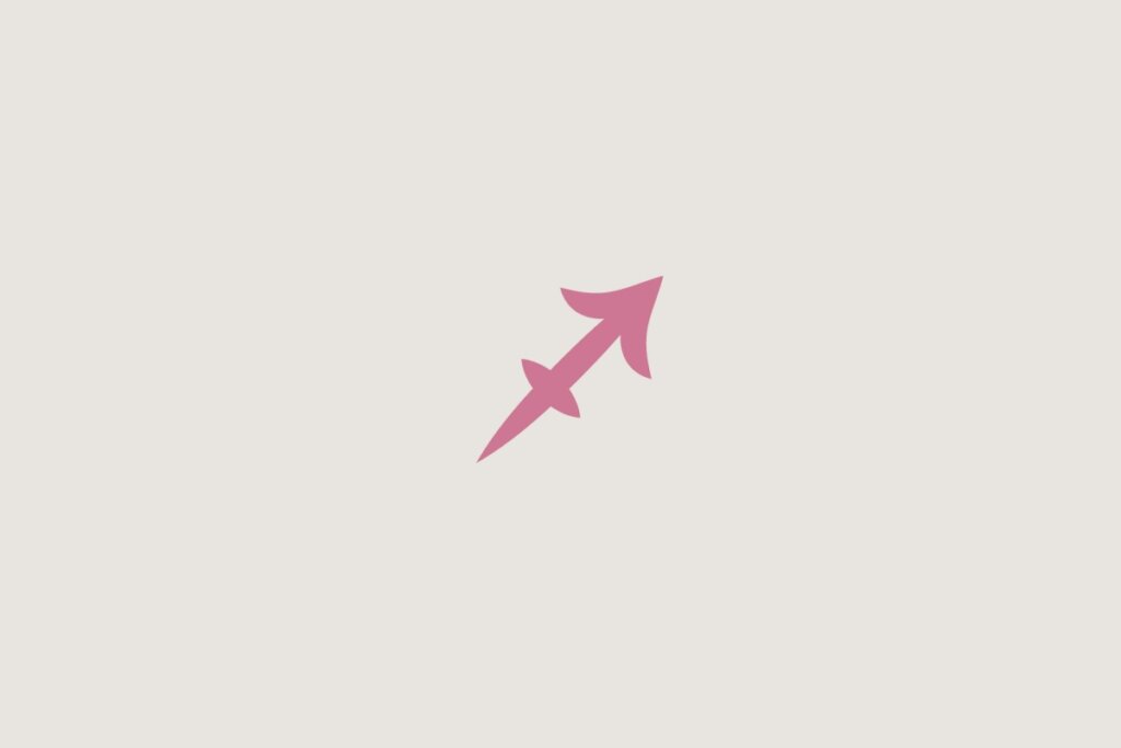 Ilustração do signo de sagitário na cor rosa-escuro centralizado em um fundo cinza-claro